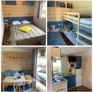 阿格德的住宿－Camping Sept Fonts Agde，小卧室和双层床间三幅照片