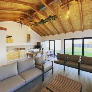 a living room with couches and a kitchen at Breeze By The Lake - Cazare cu jacuzzi pe malul lacului 