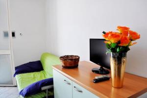 un vase de fleurs sur un bureau avec une télévision dans l'établissement Leuca Apartments - Happy Rentals, à Leuca