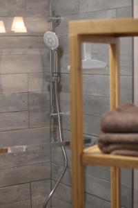 a shower with a shower head in a bathroom at Au cœur de la Pinède de 1 à 4 personnes in Langlade +64 photos