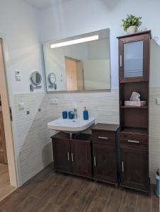 a bathroom with a sink and a mirror at Ferienwohnung Am Kleinen Haff in Garz-Usedom