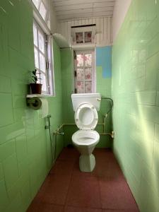 a green bathroom with a toilet and a window at Basnet Apartment in Darjeeling