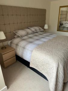 a bedroom with a large bed and a mirror at High Hedges Apartment A in Oxford