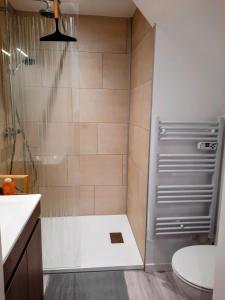 ein Bad mit einer Dusche und einem WC in der Unterkunft Au P'tit Brévin, adorable studio à 300 mètres de l'Océan in Saint-Brevin-les-Pins