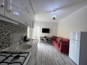 cocina y sala de estar con sofá rojo en Cappadocia 4 Luxury Aparts, en Ürgüp