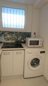 a kitchen with a washing machine and a microwave at Au Coeur du Jura, Logement au calme in Champagnole