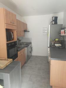 una cocina con electrodomésticos de acero inoxidable y armarios de madera en Duplex SERENITY, en Bédarieux