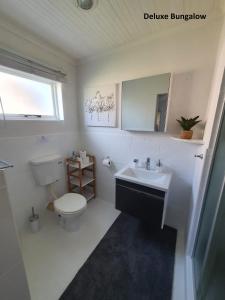 a white bathroom with a toilet and a sink at Milkwood Country House in Port Elizabeth
