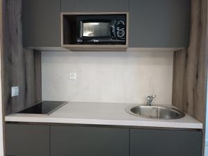 uma cozinha com um lavatório e um micro-ondas em Casa ARTEE Free Parking em Sarajevo