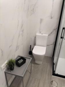 ein weißes Bad mit einem WC und einem Tisch in der Unterkunft Apartamento a estrenar Sevilla centro, Trastamara 19 in Sevilla