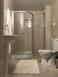 a bathroom with a shower and a toilet and a sink at Жеруйык Отель in Aktau
