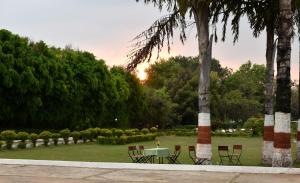 a table and chairs in a park with trees at Greenwood Hotel in Khajurāho