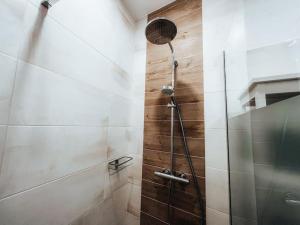 a shower with a glass door in a bathroom at Lieblingsapartment No.10 mit 2 Schlafzimmern und eigener Terrasse in Rostock