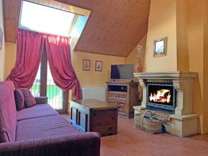 sala de estar con chimenea y TV en Casas rurales Valle de El Paular, en Rascafría