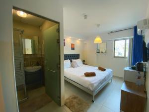 ein Schlafzimmer mit einem Bett und ein Badezimmer mit einer Dusche in der Unterkunft The Castle Star in Amman