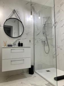 La salle de bains est pourvue d'une douche, d'un lavabo et d'un miroir. dans l'établissement Sognu di Matteu - Bel appartement entièrement climatisé - vue mer, vieux port Bastia, à Bastia