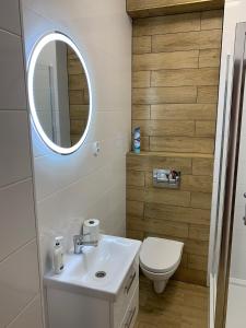 Un baño con inodoro, lavabo y espejo. en Villa Dorota-Lidia Apart, en Świnoujście