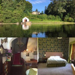 een collage van foto's van een slaapkamer en een meer bij Currarevagh House in Oughterard