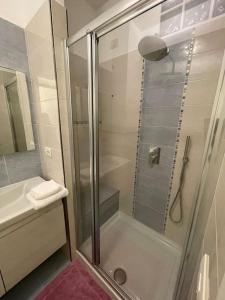 a glass shower in a bathroom with a sink at La Rondine rental apartment in Porto Recanati