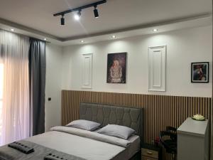 um quarto com uma cama grande e uma janela em AD luxury em Podgorica