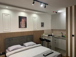 a bedroom with a large bed and a kitchen at AD luxury in Podgorica