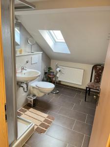 a bathroom with a sink and a toilet and a skylight at Private Zimmer Große in Naumburg