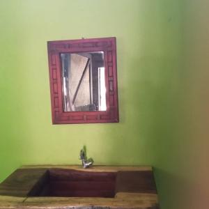 a bathroom with a sink and a mirror on a green wall at Room in Cabin - Cabins Sierraverde Huasteca Potosina Green Cabin in Damían Carmona