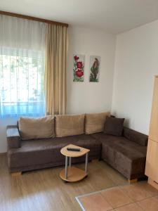 a living room with a brown couch and a table at Seecamping & Pension Mentl in Landskron
