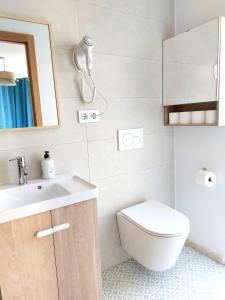 een badkamer met een toilet, een wastafel en een spiegel bij Habitaciones Barra89 in Valencia