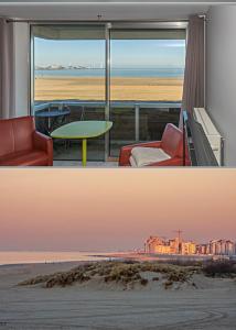 two pictures of a living room with a view of the beach at Zeedijk Appartement in Knokke-Heist