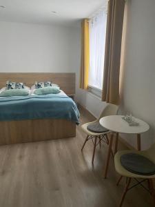 1 dormitorio con 1 cama, mesa y sillas en Jedlinka, 