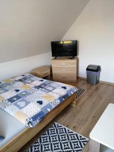 Schlafzimmer mit einem Bett und einem Flachbild-TV in der Unterkunft Pokoje u Izy Stare Kiejkuty in Szczytno