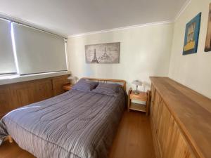 1 dormitorio con cama y ventana grande en La Dehesa House, en Santiago