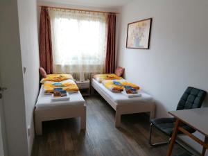 a room with two beds and a window at Ubytování Na Špacíru in Mikulov