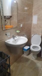 uma casa de banho com um lavatório, um WC e um espelho. em Studio Sarafovo em Burgas