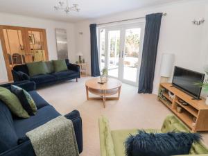 uma sala de estar com um sofá azul e uma televisão em The Croft em Alnwick
