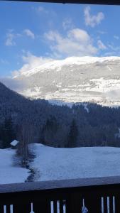 un campo innevato con una montagna sullo sfondo di Gästeheim Lederle a Jerzens