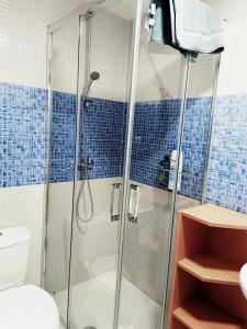 a bathroom with a shower with blue tiles at Tarancon Suite Exclusivo in Tarancón