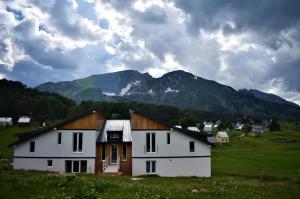 a house in a field with mountains in the background at Vilino Kolo - Virak in Žabljak