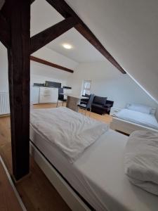 een slaapkamer met een groot bed en een woonkamer bij Das Haus im Biosphärengebiet Schwäbische Alb in Dornstadt
