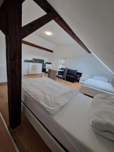 a bedroom with a large bed and a living room at Das Haus im Biosphärengebiet Schwäbische Alb in Dornstadt
