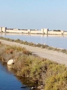 a body of water with a bridge in the background at appartement Aigues-Mortes in Aigues-Mortes