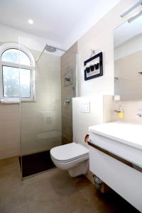 uma casa de banho com um WC, um chuveiro e um lavatório. em Apartments Mira em Porat
