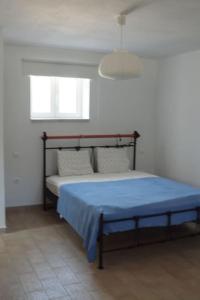 Seaview lovely Villa في ليونيديون: غرفة نوم مع سرير وبطانية زرقاء