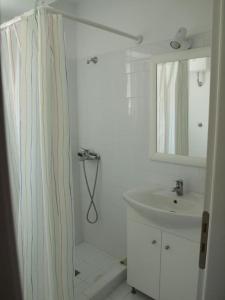 利昂尼迪翁的住宿－Seaview lovely Villa，浴室配有淋浴帘和盥洗盆。