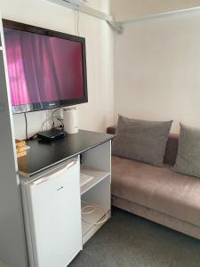 ein Wohnzimmer mit einem Sofa und einem Flachbild-TV in der Unterkunft Zaton Guesthouse in Tscholponata