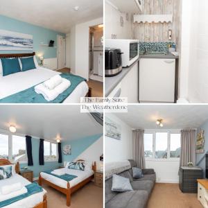 un collage di tre foto di una camera d'albergo di The Weatherdene a Great Yarmouth