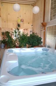 a jacuzzi tub in a room with plants at La Grange de Moisey in Marigny-lès-Reullée