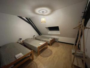 a attic room with two beds and a tv at Gite du vieux Morat in Saint-Bonnet-Tronçais