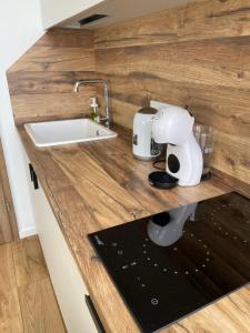 a kitchen counter with a sink and a mixer at Airport Apartment 32 self check-In Free Parking in Vilnius